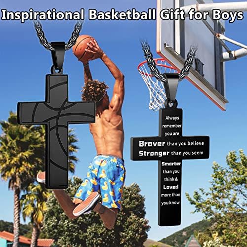 Колие с Баскетбольным Кръст HattiDoris за Момчета, Вдъхновяващи Стих от Библията, Окачване с Кръст, Верижка