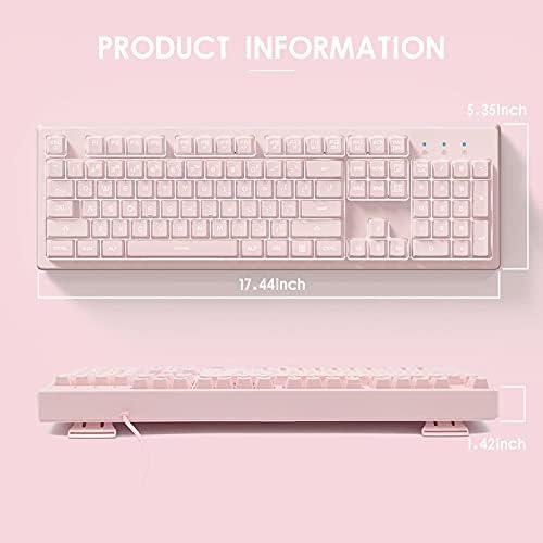 Розова клавиатура Basaltech с 7-цветен led подсветка, 104 клавиша с безшумна подсветка, 19 клавиши със защита