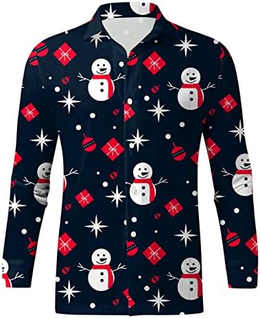 WOCACHI Коледни Ризи с копчета за Мъже с Дълъг Ръкав, Забавна Коледна Ежедневни Риза с Принтом Снежен човек и Елхи, Празнична Риза за Парти