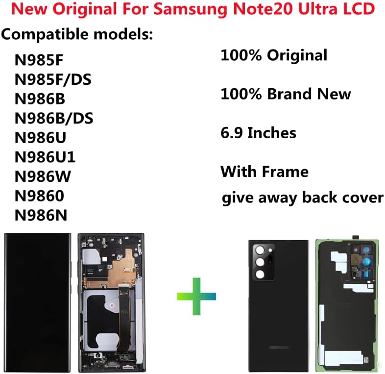 6,9Оригинал за Samsung Galaxy Note 20 Ultra N985F N985F/DS Подмяна на LCD екрана Note20 Ultra N986U N986U1 N986B N986B/DSN986W Сензорен Дисплей цифров преобразувател (с черна рамка)