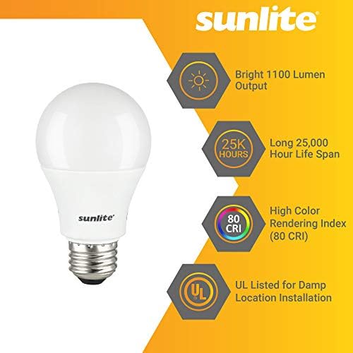 Домакински лампа Sunlite 40382 LED A19, 12 W (еквивалент на 75 W), На 1100 Лумена, Средна база E26, С регулируема яркост е в списъка на UL, Energy Star, Мат, Студен бял цвят 4000 До 3 опаковки