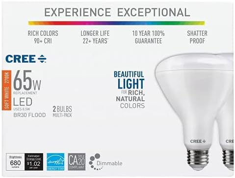 Крушка Cree Lighting Изключителна серия BR30, Led лампа с регулируема яркост 2700K, 65 W + 680 Лумена, наивно-бяла, от 2 опаковки