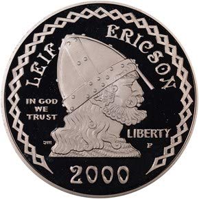 2000 Rv Лейф Ериксон - Основател на монетния двор на САЩ New World - Запомнящите сребърен долар от скъпоценния камък на Proof (DCAM)