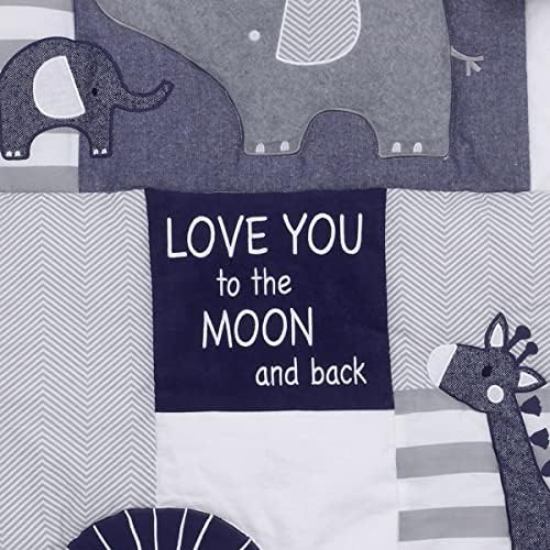 NoJo Love You to The Moon - Тъмно-Синьо, Сиво и Синьо Комплект Спално бельо за детско креватче от 4 теми с едно Одеяло, Чаршаф за легло, Накъдрен от прах, Укладчиком Памперси
