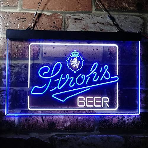 Неонови Надписи Stroh's Beer Bar Новост LED Неонова Лампа Cave Man Beer Bar Коледен Подарък Бял + Синьо W24 x H16