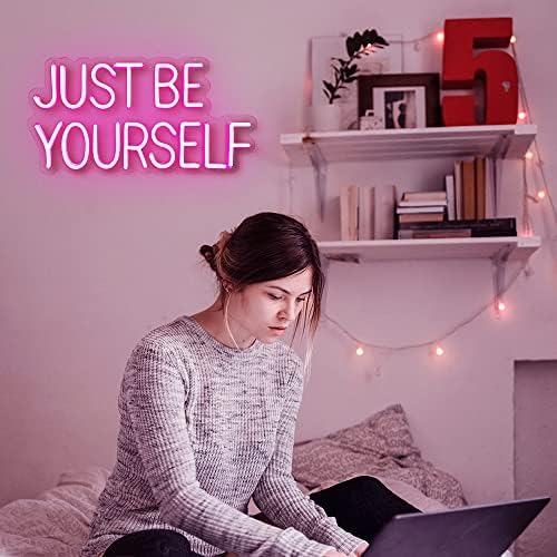 Неонова реклама с Just Be Yourslef за декора на стените, Захранване от USB, 17x9 инча, Розово неон знак за стая,