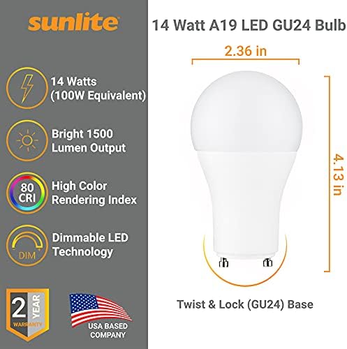 Led лампа Sunlite 40224 A19, 14 W (еквивалент на 100 Вата), 1500 Лумена, основа със завъртане и фиксиране GU24,