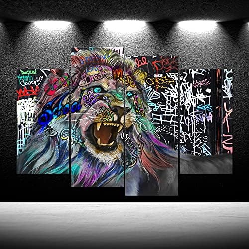 4 Панела Графити Лъв Платно Художествени Картини Стенен Декор Цар Лъв Абстрактно Произведение на Изкуството