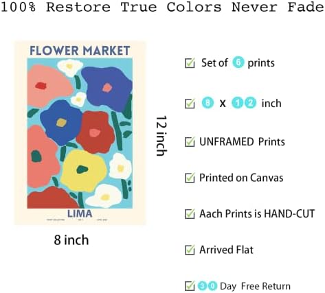 Bluetit Цветни Стенни Артистични Щампи на Цветя на Пазара Плакат Комплект от 6 Щампи за Домашен интериор Пъстри