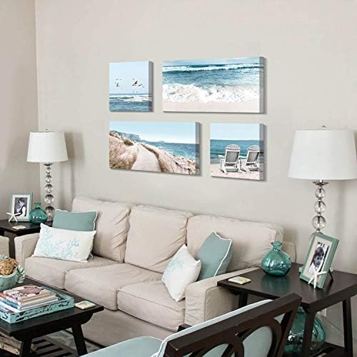 Плажната сцена Платно Стенно Изкуство: Крайбрежни Столове и Чайки Картина с Принтом за Хол (32 x 16x 2 Панел