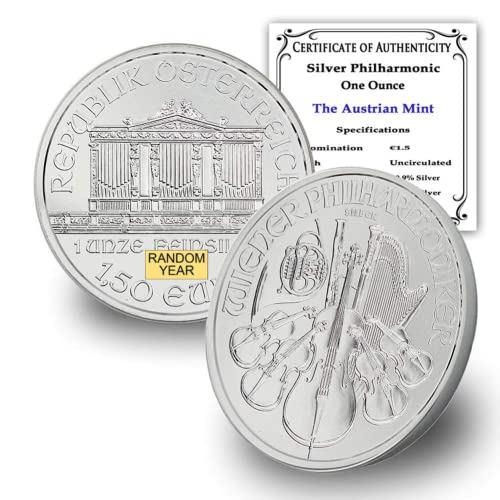 2008 - до Момента (Случаен година) Австрийската сребърна монета на Виенската филхармония с тегло 1 унция, Брилянт, без да се прибягва, със сертификат за автентичността
