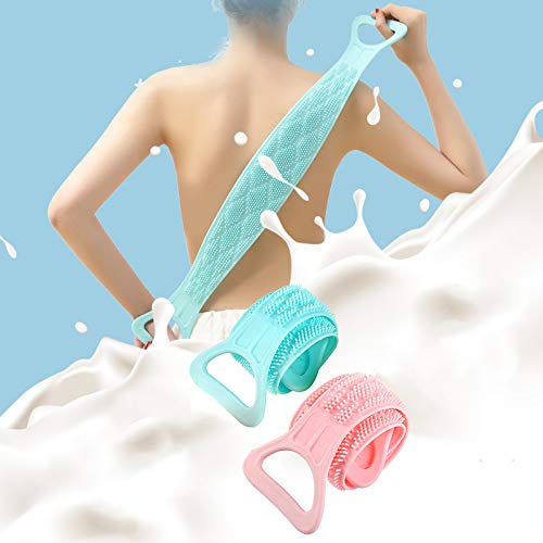 Силиконова четка за тяло за баня, Двустранен Сгъваем дизайн с дълга дръжка, Леко Скрубер за гърба, екологично чисти, лесни за моющийся, преносим за пътуване (розов)