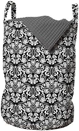 Черно-Бяла чанта за дрехи Ambesonne, с Изваяни листа и венчелистчета във формата на спирали, Монохромен Дизайн, Кошница за дрехи с дръжки, закрывающаяся на шнур, за пране
