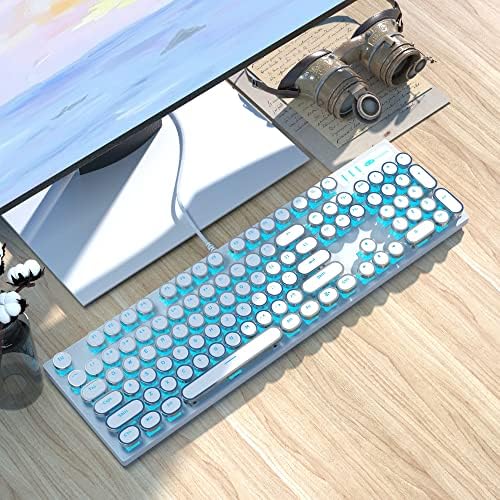 Ръчна Детска Клавиатура за пишеща машина и Комбинирана мишката, Кръгла клавиатура в стил ретро пънк, Синя светодиодна